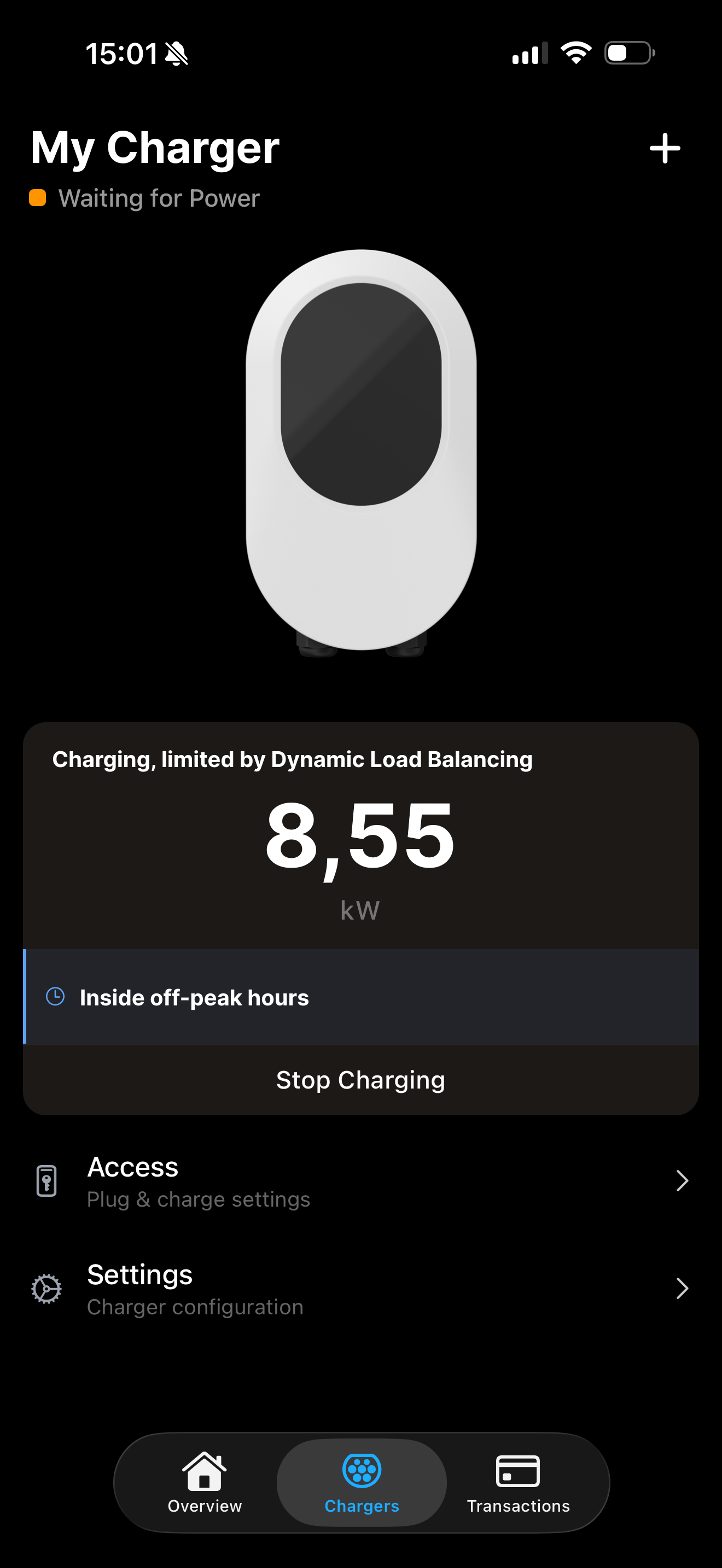 Plugchoice app showing live EV charging session