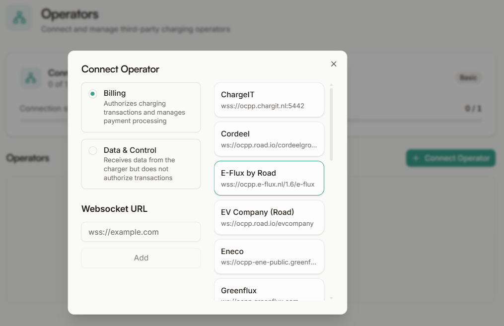 Operator panel — assign chargers to OCPP backends